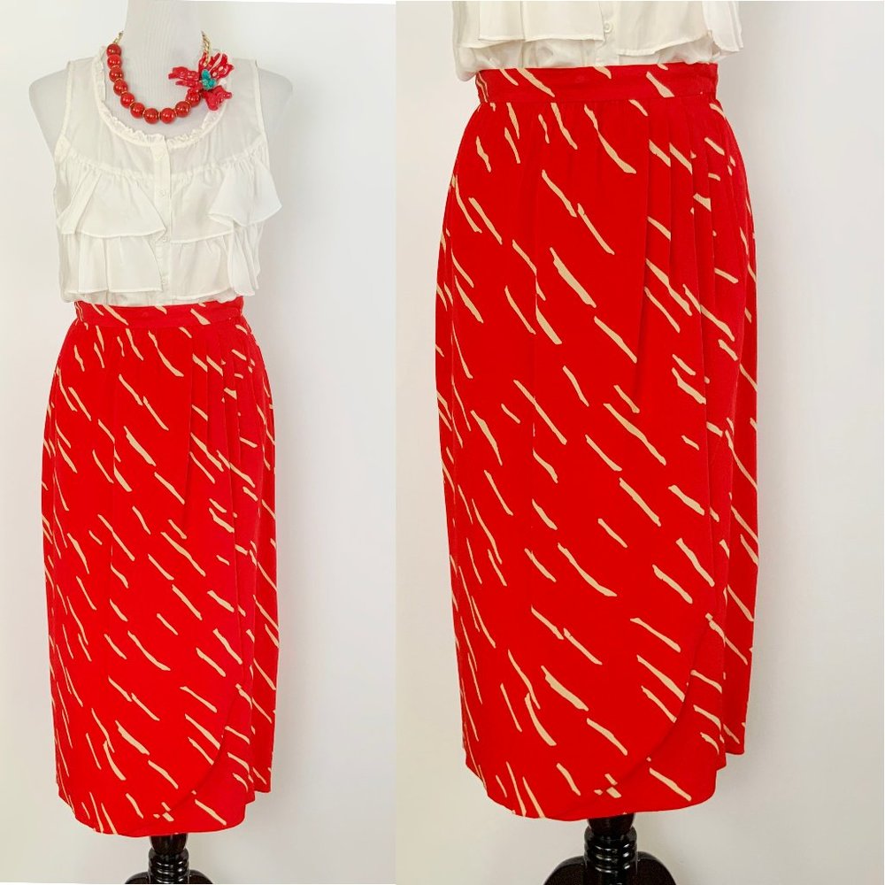 Vintage Christian Dior Red Silk Wrap Front Midi Skirt Luxury Size 10 - Picture 3 of 16